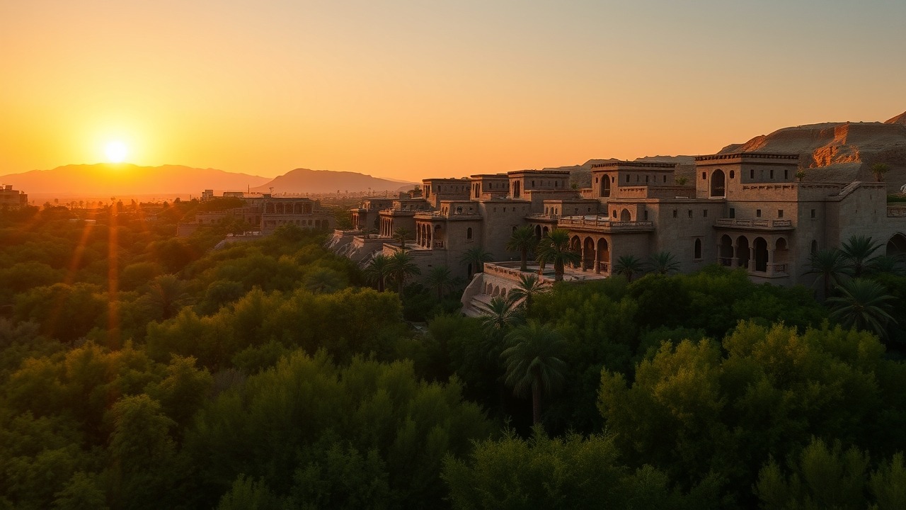 Sunset over ultra-luxury mansions in Al Barari Reserve