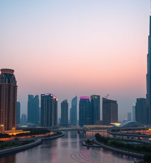 Al Habtoor City skyline at night with Dubai Water Canal