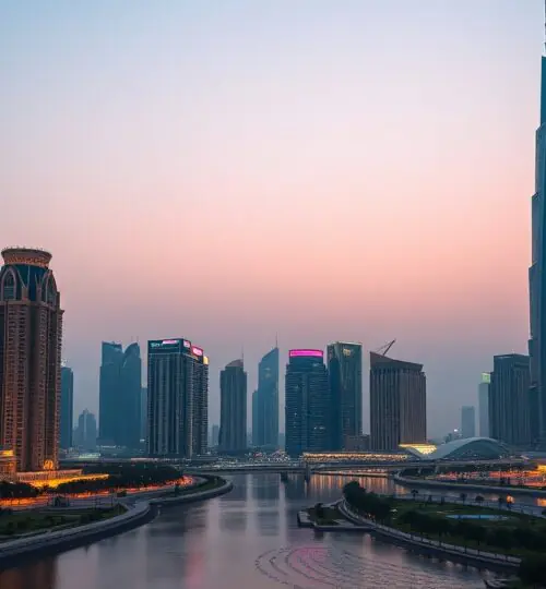 夜晚的阿勒哈布图尔城天际线与迪拜水渠交相辉映