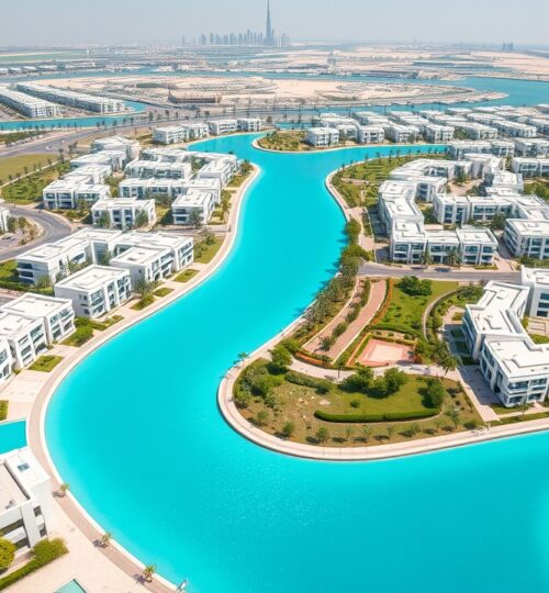 Aerial view of District One Crystal Lagoon and Dubai skyline