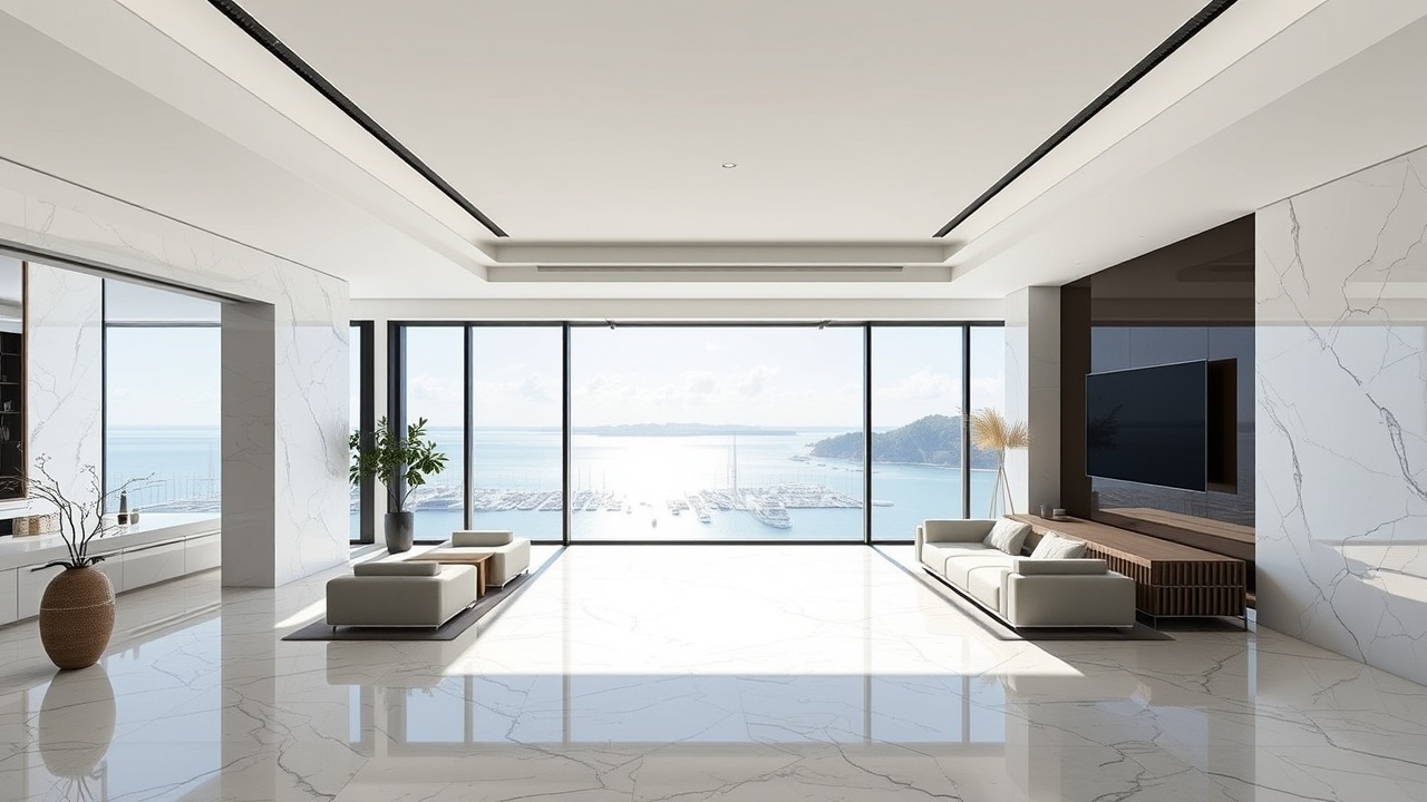 View of Crystal Lagoon from a luxury apartment interior