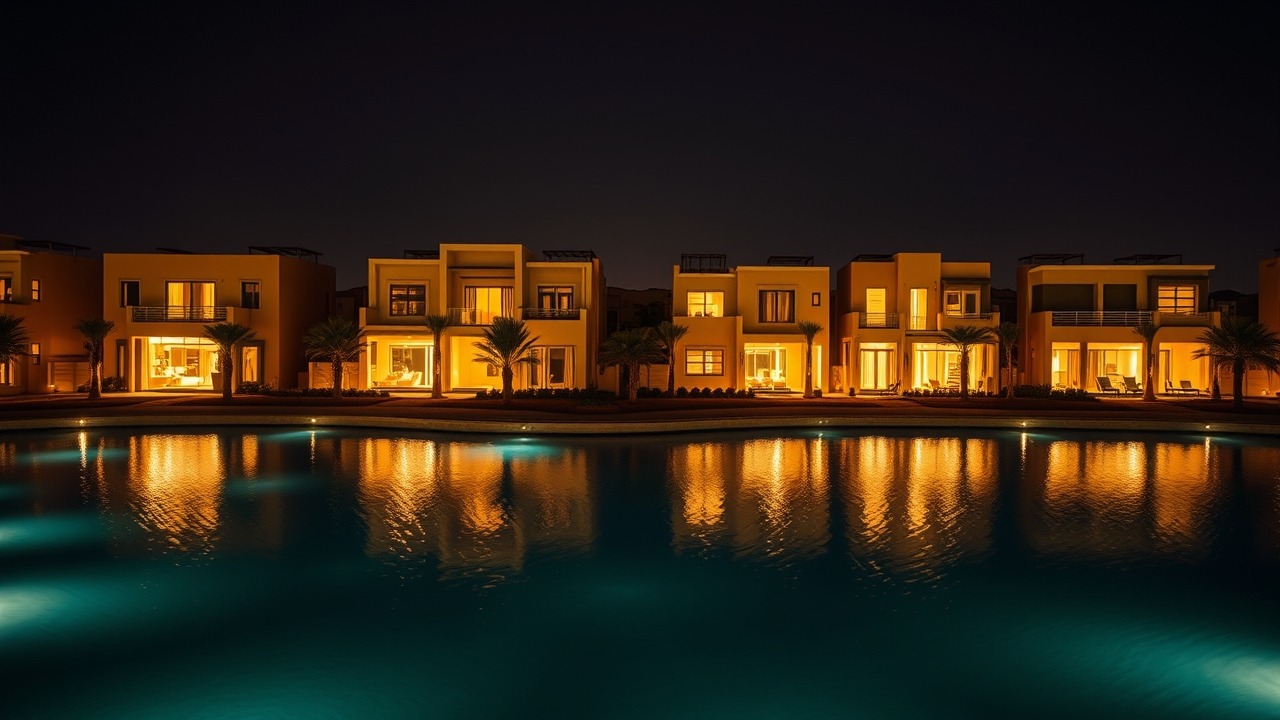 Night view of District One villas and illuminated lagoon