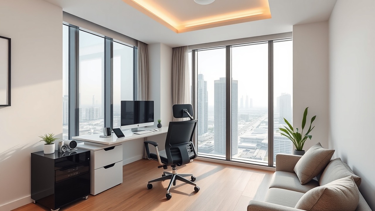 Modern apartment interior with home office in DSP