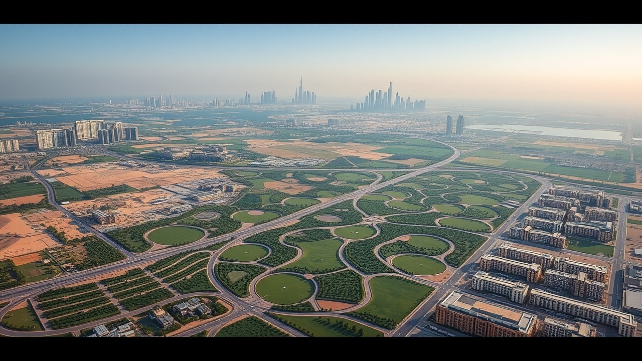 Aerial view of Living Legends community and Dubai skyline