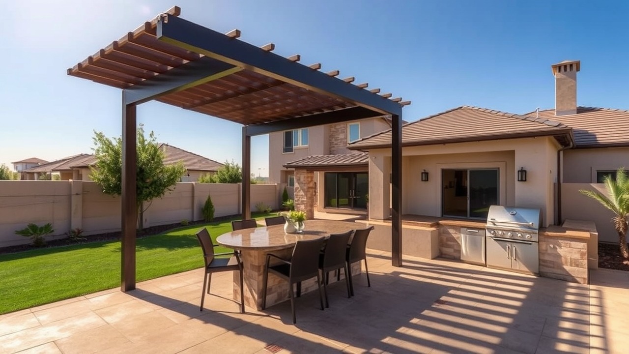Private backyard pergola and entertainment area in Living Legends