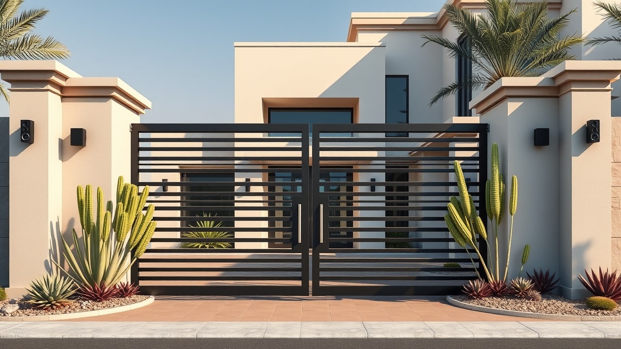 Modern villa entrance with smart security in Dubai
