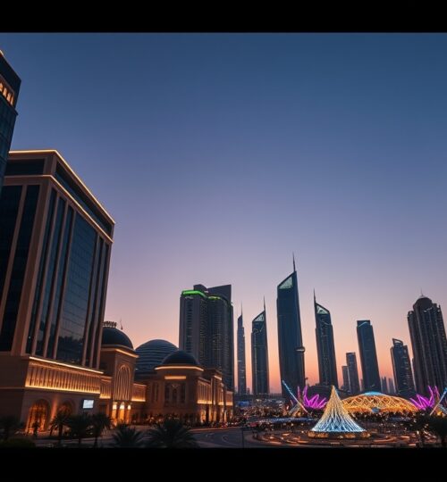 Majan Dubai skyline at night near Global Village