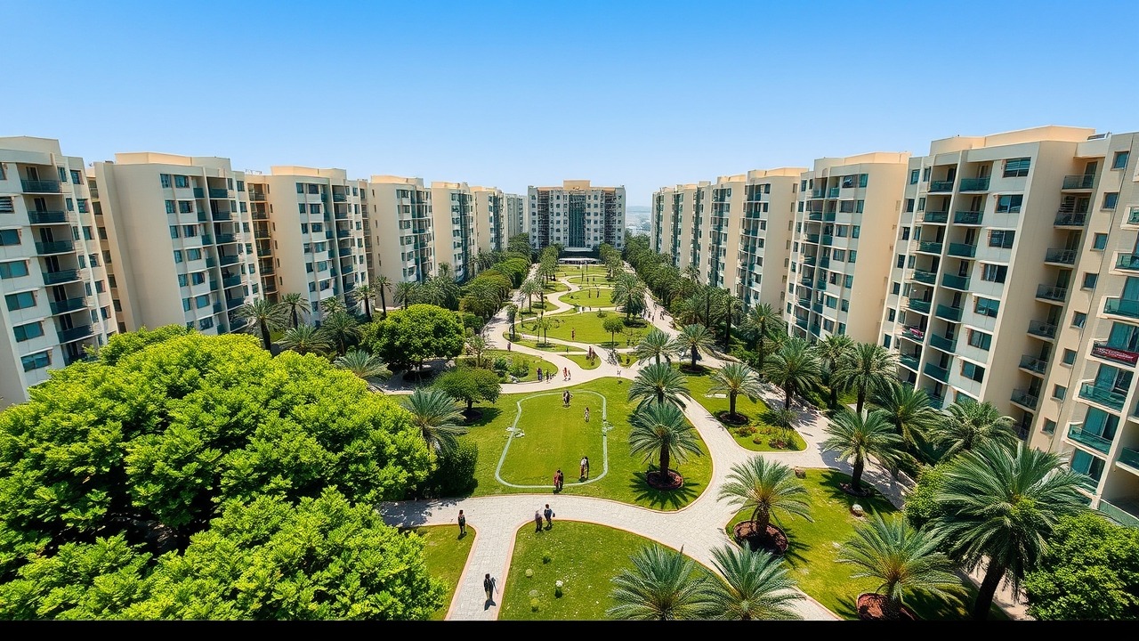 Aerial view of Majan residential parks and buildings