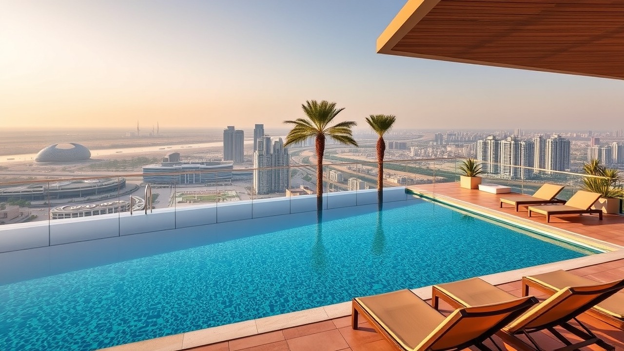 Rooftop infinity pool overlooking Dubailand