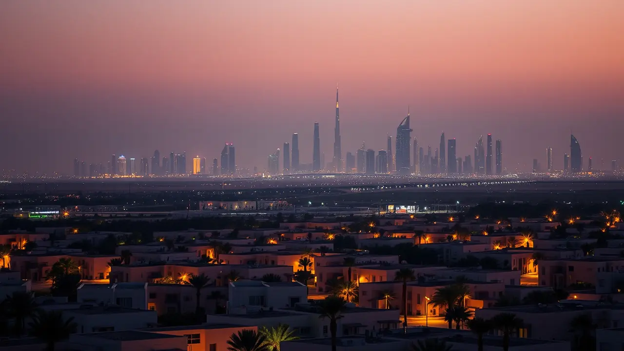 إطلالة ليلية على مجمع سيرينا السكني مع أفق دبي