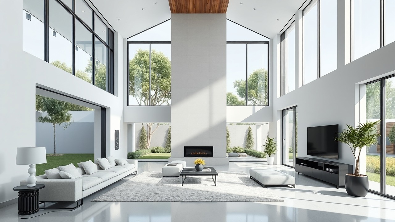 Spacious high-ceiling villa interior with garden view