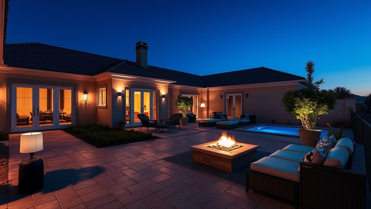 Private luxury villa courtyard with fire pit and pool