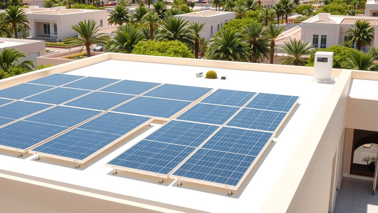 Solar panel installation on a Mediterranean villa roof