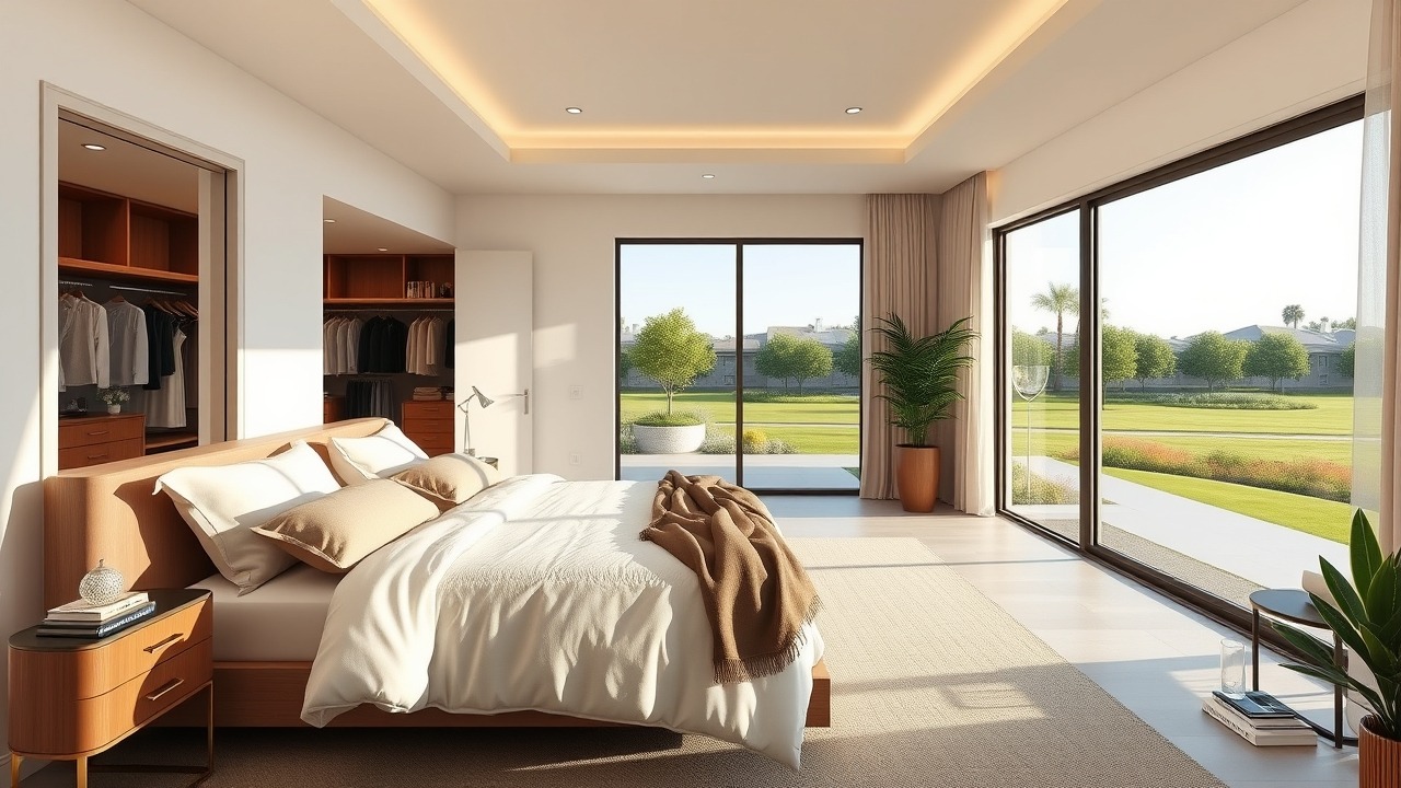 Luxury master bedroom with view of green community in Dubai