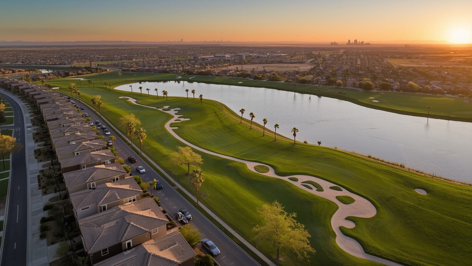 Aerial view of a golf course and lake beside a row of townhouses and a palm-lined road at sunset