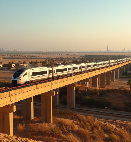A modern white passenger train on an elevated viaduct crossing flat desert at golden hour, with palm trees, low-rise buildings and a distant city skyline