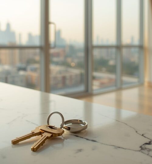 Two brass keys on a ring on a white marble kitchen island in a bright, empty new apartment with floor-to-ceiling windows and a hazy city skyline