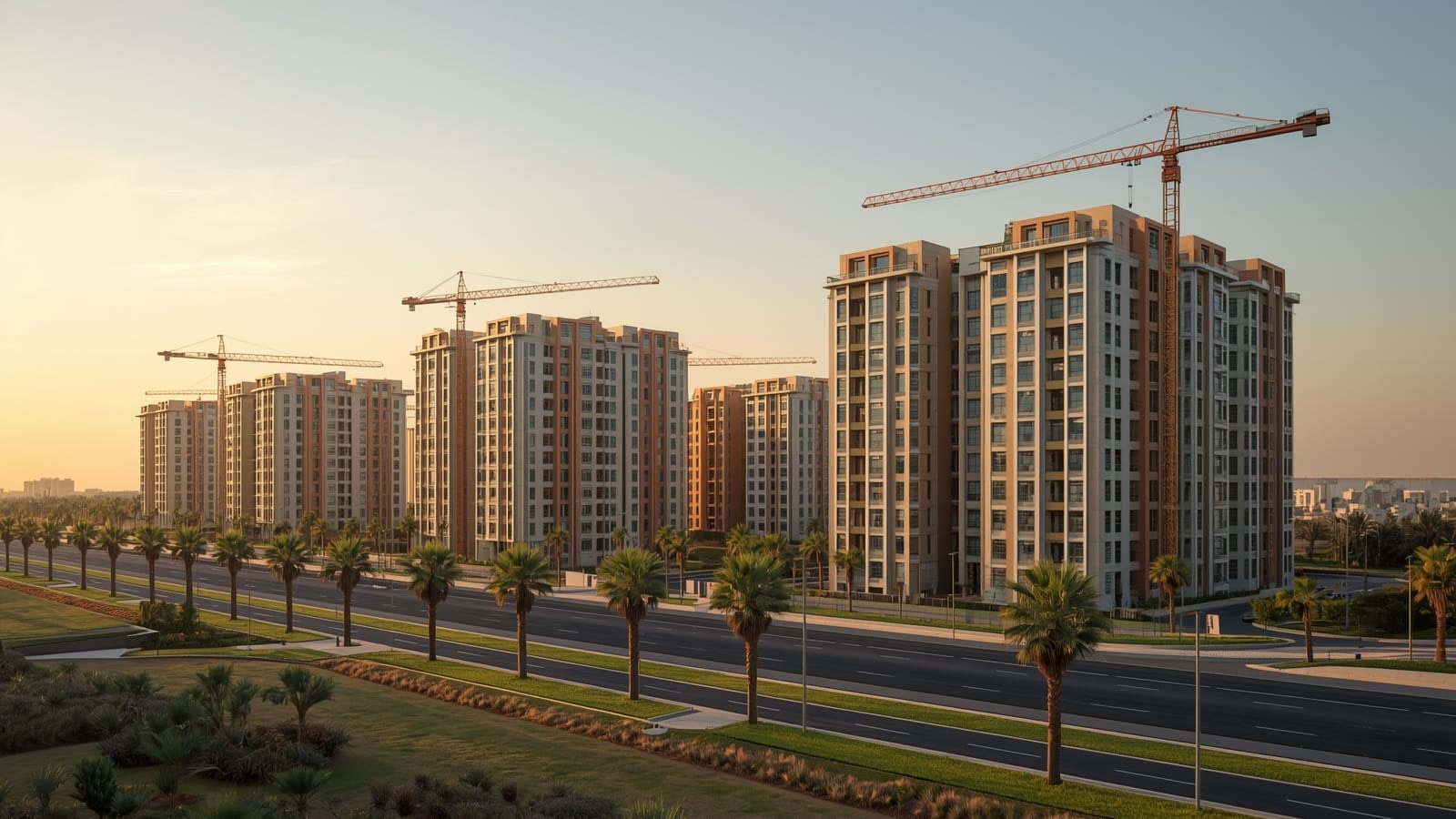 Mid-rise apartment buildings under construction with tower cranes beside a palm-lined boulevard at sunset in a new residential community