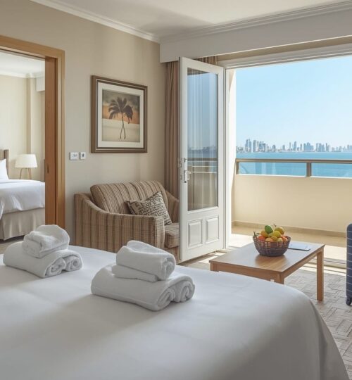 Bright one-bedroom holiday apartment ready for guests, with folded towels on the bed, a fruit basket, a suitcase and open balcony doors facing the sea and a city skyline