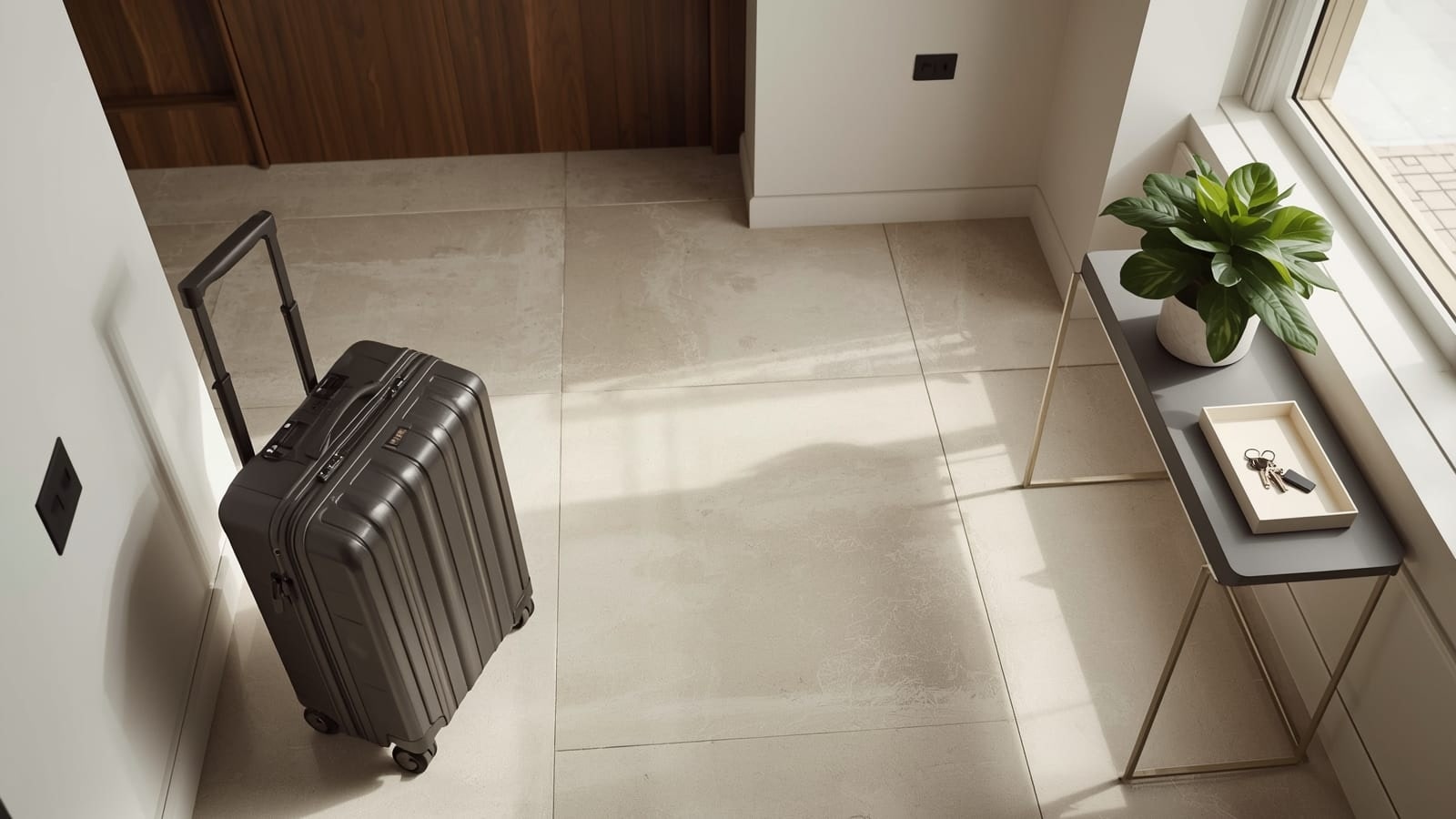 Rolling suitcase in the sunlit entrance hall of an apartment, beside a console table with a tray of keys and a potted plant
