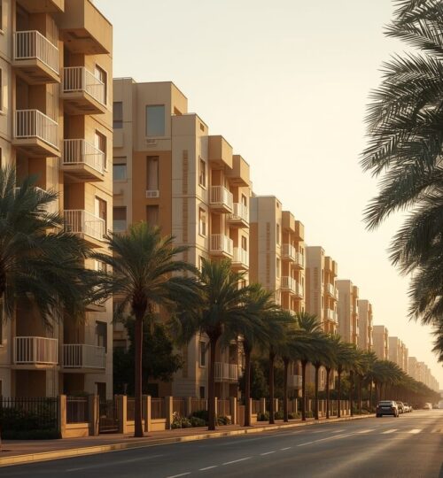 Mid-rise apartment buildings with balconies along a palm-lined residential street at golden hour