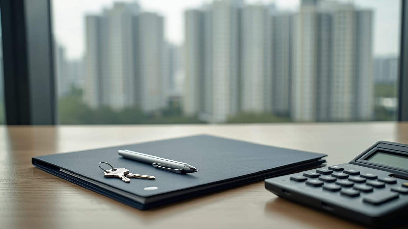 Navy folder, silver pen, apartment keys and a calculator on a wooden desk in front of a window with blurred residential towers
