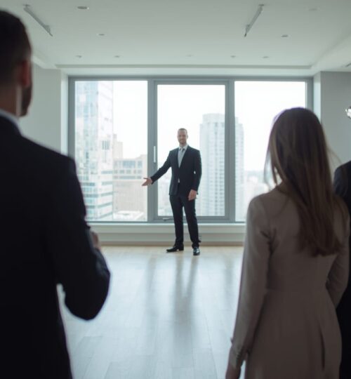 A property agent showing a bright, empty apartment with floor-to-ceiling windows and city views to three clients, seen from behind