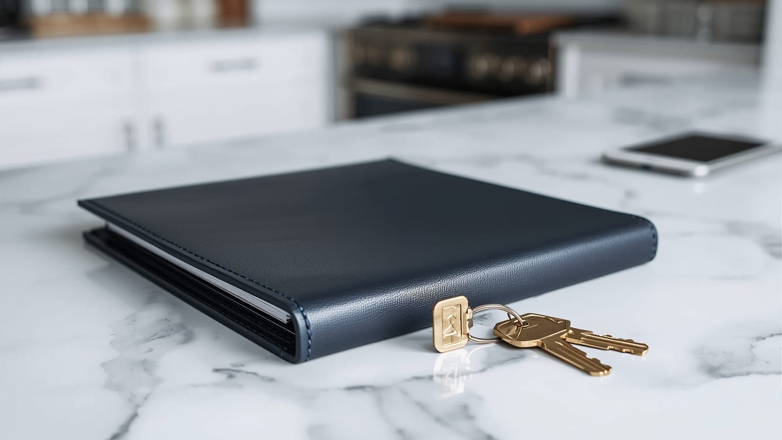 A closed navy leather folder and a set of brass keys on a white marble kitchen counter